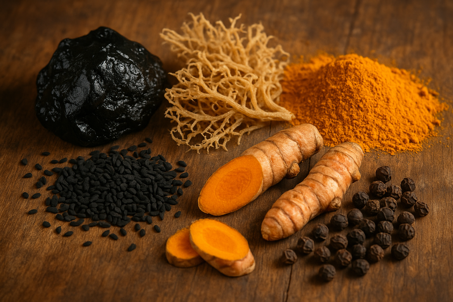 shilajit resein and sea moss and turmeric and black seed and black pepper corns